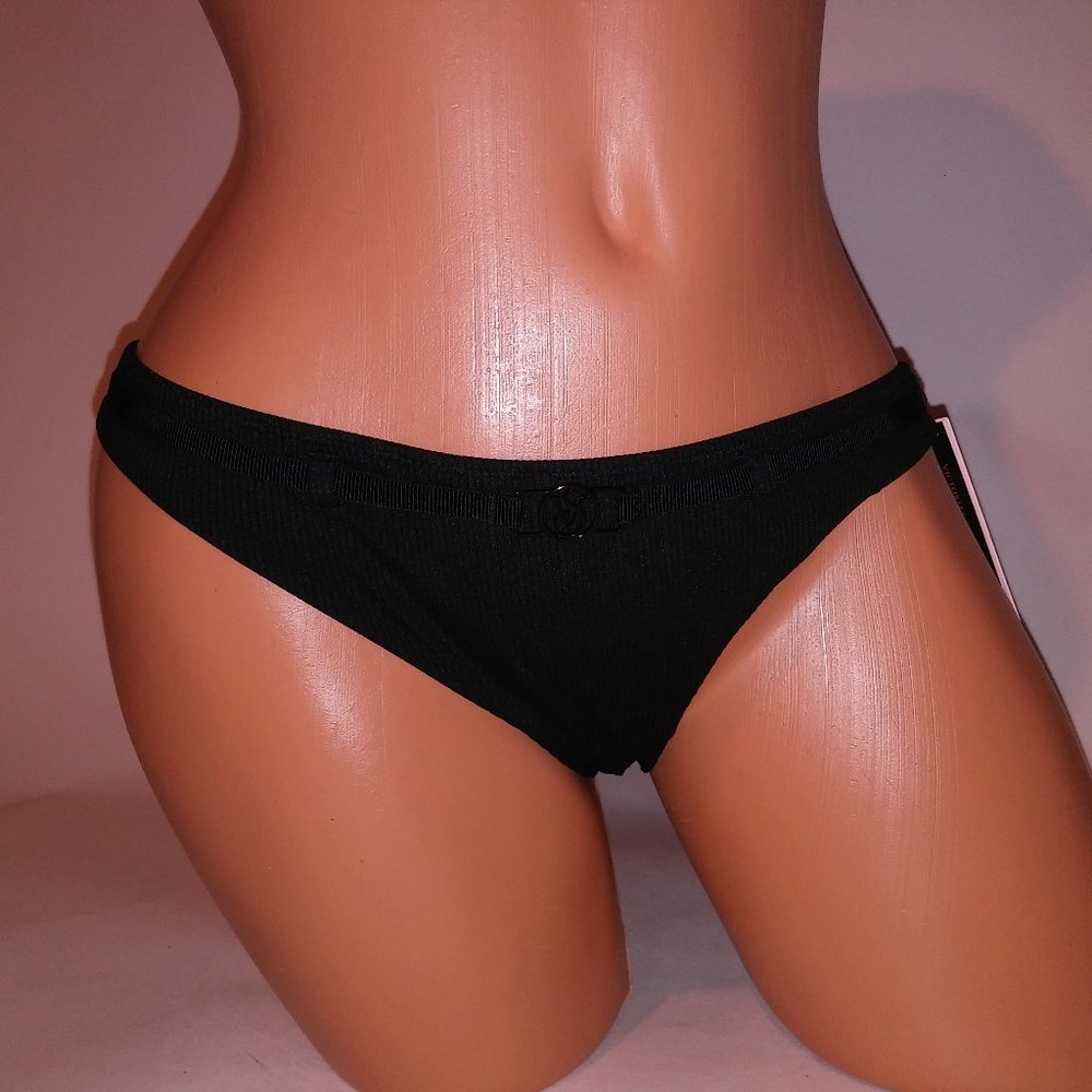 Victoria Secret PINK Swim Bikini Bottom Medium Black Solid Ribbed Belted VS Logo